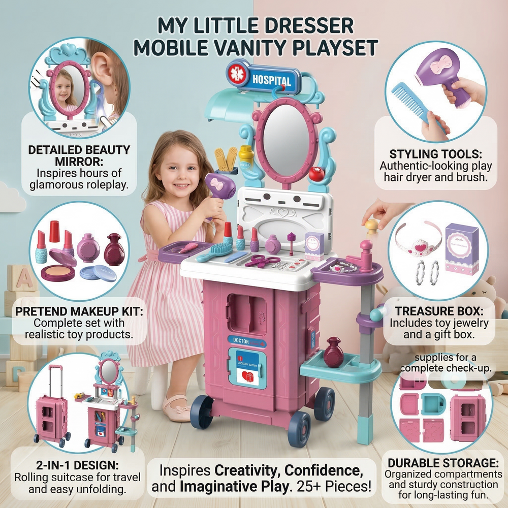 Maleta Juguete 2 en 1: Tocador y Salón de Belleza Rosa